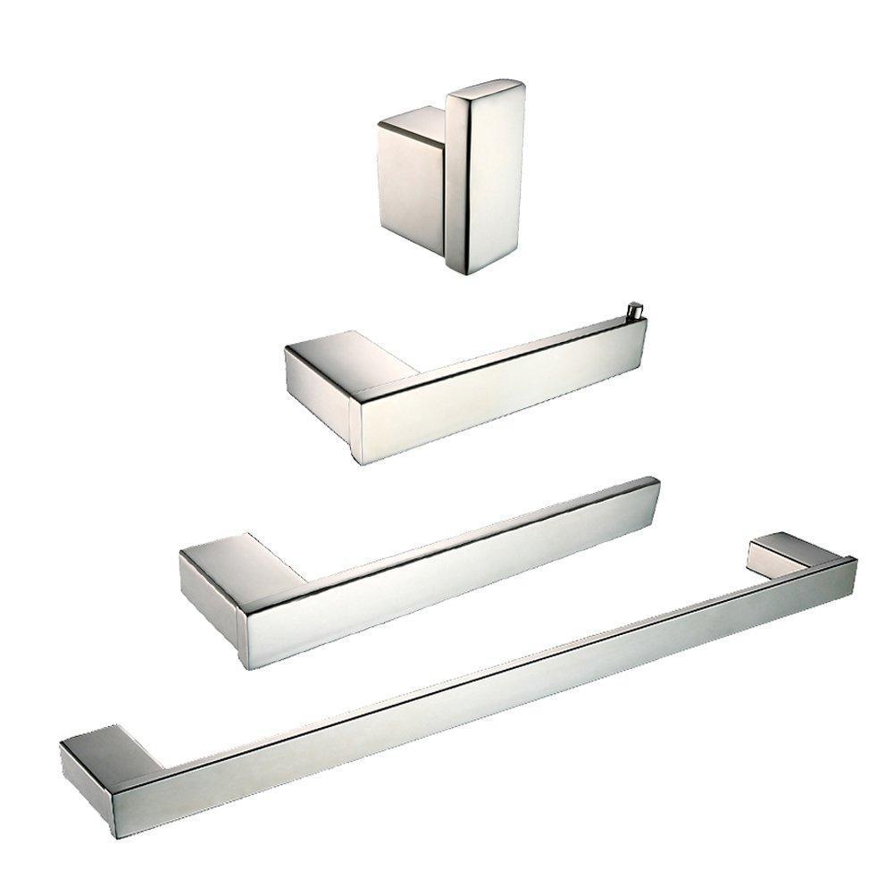 AUSWIND 4-Piece Wall Mounted 304 Stainless Steel Bathroom Hardware Set Square Base (Toilet Paper holder/Towel Bar/Towel Rings/Clothes Hook) (chrome)