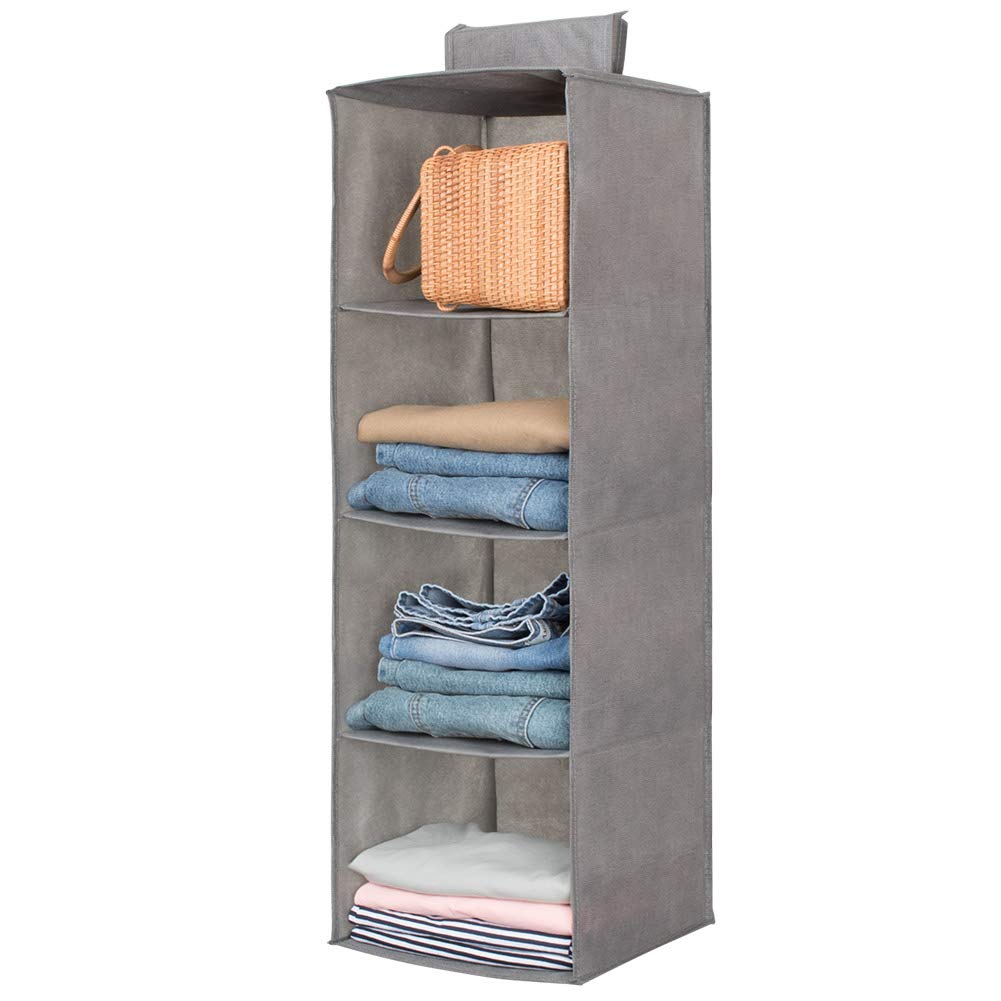 Hanging Closet Organizer,Sweater & sock Organizer with a Hook and Loops,Collapsible Storage Shelves for Clothes, pants and Shoes (Grey-4 Shelf)