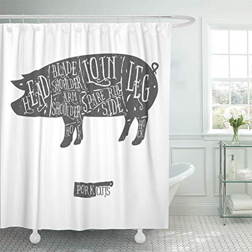 Emvency Shower Curtain White Pig American Cuts of Pork Vintage Typographic Hand Drawn Butcher Scheme Diagram Shower Curtains Sets with Hooks 72 x 78 Inches Waterproof Polyester Fabric