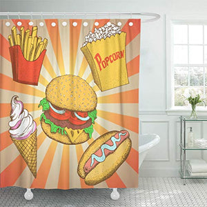 Emvency Shower Curtain Fast Food Meals Cartoon Hamburger Hot Dog Popcorn Sandwich French Fries Potato Ice Cream Pop Style Shower Curtains Sets with Hooks 60 x 72 Inches Waterproof Polyester Fabric