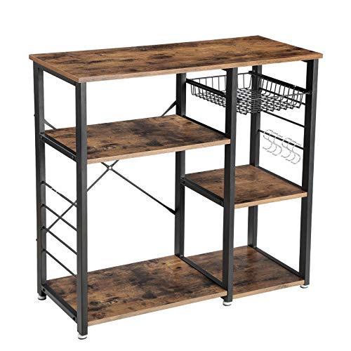 VASAGLE Industrial Kitchen Baker’s Rack, Coffee Bar, Microwave Oven Stand Metal Frame, Wire Basket 6 Hooks Mini Oven, Spices Utensils, Simple Assembly Wood Look UKKS90X
