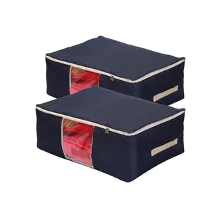 Jstud Quilt Clothing Storage Organizer Bags Pack of 2 with Double Zippers,Breathable Dustproof Household Containers for Closet,Shelves for Clothes,Pillow,Blankets Sheets(Navy Blue,2pcs, L)