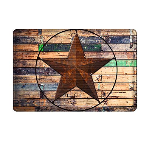 Uphome Rustic Barn Star Bathroom Rug, Non Slip Coral Velvet Foam Bath Mat with Design Retro Western Texas Star on Brown Wooden Grain Shower Mat Kitchen Rug, 20x32