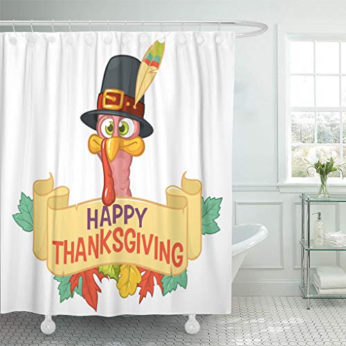 Emvency Shower Curtain Cartoon of Happy Cute Thanksgiving Turkey Character Behind The Ribbon with Greetings Design Party Shower Curtains Sets with Hooks 72 x 78 Inches Waterproof Polyester Fabric
