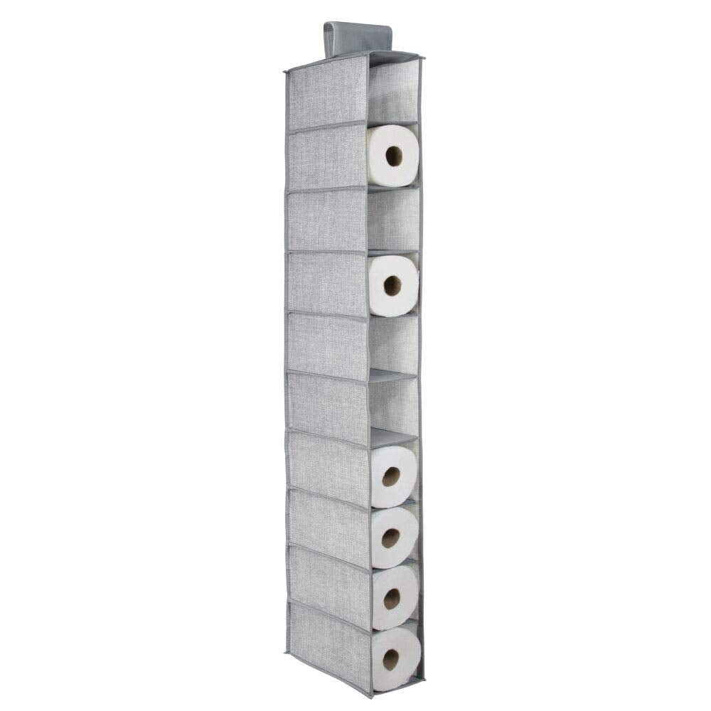 mDesign Soft Fabric Over Closet Rod Hanging Paper Towel Storage Organizer with 10 Deep Shelves for Convenient Organization in Kitchen, Bathroom, Entryway - Textured Print - Gray