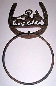 "ABC Products" - Heavy Cast Iron - Horse Shoe Towel Ring - All New Design - Cowboy Lassoing A Steer - (Old Rustic Finish - Accented With Cowboy Lassoing a Steer)