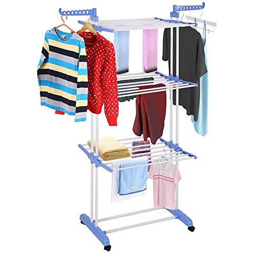 Yeshom Foldable 3 Tier Clothes Drying Rack Rolling Collapsible Laundry Dryer Hanger Stand Rail Indoor Outdoor Blue
