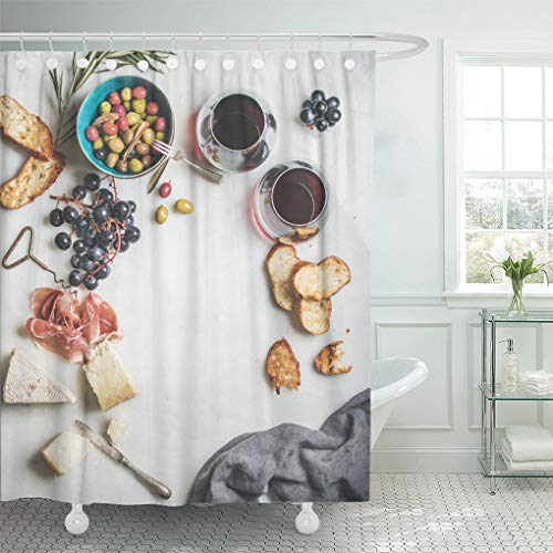Emvency Shower Curtain Wine and Snack Variety of Cheese Olives in Ceramic Shower Curtains Sets with Hooks 72 x 78 Inches Waterproof Polyester Fabric
