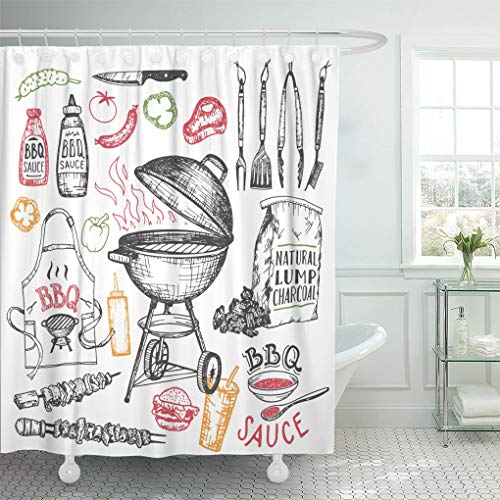 Emvency Shower Curtain Drawn Barbecue Grill White Cookout BBQ Party Sketch Shower Curtains Sets with Hooks 72 x 78 Inches Waterproof Polyester Fabric