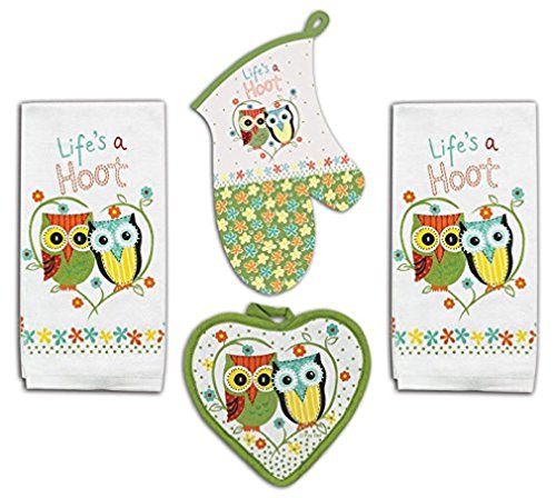 4 Piece Hoot Owl Kitchen Set - 2 Terry Towels, Oven Mitt, Potholder