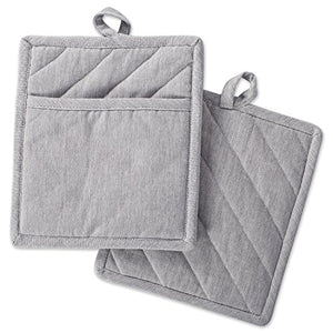 DII Cotton Chambray Pot Holders with Pocket, 9x8" Set of 2, Machine Washable and Heat Resistant Pocket Mitts for Kitchen Cooking and Baking-Gray