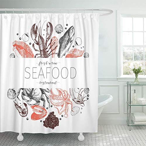 Emvency Shower Curtain Seafood Lobster Salmon Crab Shrimp Octopus Squid Clams Engraved Shower Curtains Sets with Hooks 72 x 72 Inches Waterproof Polyester Fabric