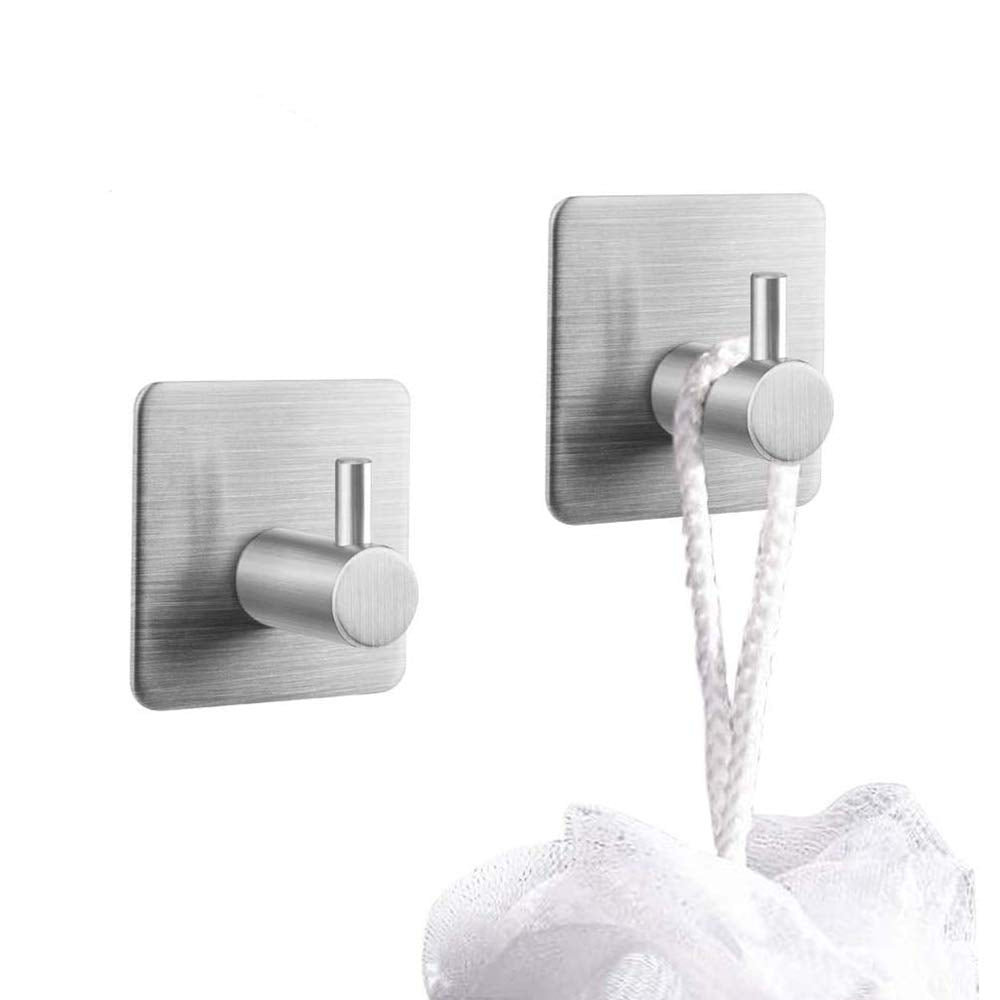 2 Pack of Self Adhesive Hooks， Stainless Steel Wall Mounted Sticky Racks Tea Towel Holder Robe Coat Hat Hook Hanger Heavy Duty Waterproof and Oilproof for Kitchen Bathroom Lavatory ， 3M Stick Hook