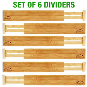 Bamboo Drawer Dividers (Set of 6) - Kitchen Drawer Organizers - Spring Adjustable, Expandable & Stackable Deep Drawers Organizer - Best for Kitchen Utensils, Silverware, Desk, Clothes Dresser Divider