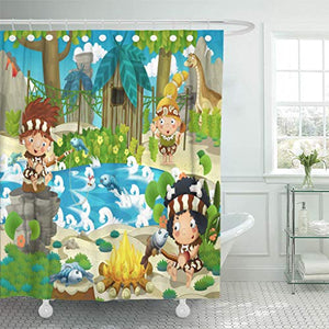 Emvency Shower Curtain Ancient The Stone Age for Children Animal Shower Curtains Sets with Hooks 72 x 72 Inches Waterproof Polyester Fabric