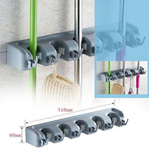New mop broom holder wall mounted garden tool organizer space saving storage rack hanger with 5 position with 6 hooks strong grip holds up to 11 tools for kitchen garden and garage