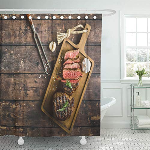 Emvency Shower Curtain Sliced Grilled Marbled Meat Steak Filet Mignon Seasonings Fork Shower Curtains Sets with Hooks 72 x 78 Inches Waterproof Polyester Fabric