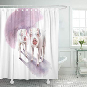 Emvency Shower Curtain Pink Baby Piglets Pigs Farm Animals Cute Pets Watercolor Shower Curtains Sets with Hooks 60 x 72 Inches Waterproof Polyester Fabric