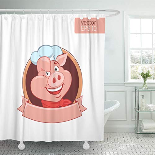 Emvency Shower Curtain Pink Meat Happy Pig Chef Head Cartoon on White Shower Curtains Sets with Hooks 60 x 72 Inches Waterproof Polyester Fabric