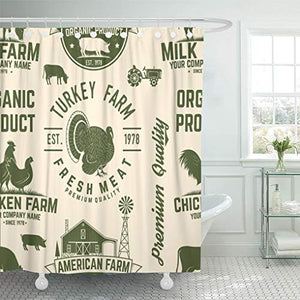 Emvency Shower Curtain American Farm Vintage Chicken Pig Cow and House Silhouette Shower Curtains Sets with Hooks 60 x 72 Inches Waterproof Polyester Fabric