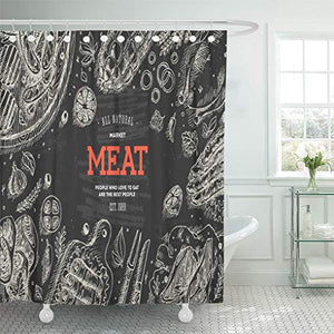 Emvency Shower Curtain Food Meat Market Linear Graphic Top Shower Curtains Sets with Hooks 72 x 72 Inches Waterproof Polyester Fabric