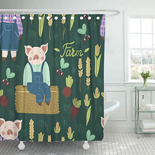 Emvency Shower Curtain Pink Agriculture Cute Farmer Pigs Pattern Adorable Piggy Characters Shower Curtains Sets with Hooks 60 x 72 Inches Waterproof Polyester Fabric