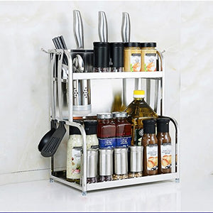 BJLWT Kitchen Storage Rack-Spice Utensil Rack Organizer Storage Unit Shelf with Hanging Hooks Oil Salt Sauce Vinegar Seasoning Rack,Stainless Steel (Size : 50cm)