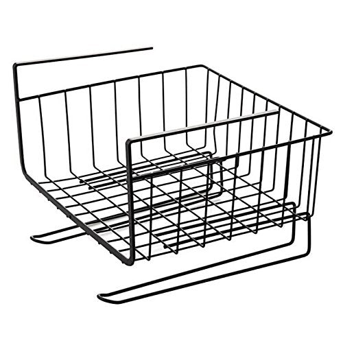 Under Cabinet Storage Shelf Wire Basket Organizer with Paper Towel Holder Hanging Kitchenware Dual Hooks for Kitchen Pantry Desk Bookshelf Cupboard Black