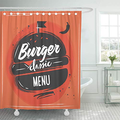 Emvency Shower Curtain White American Big Black Burger with Letting on It Red Bake Shower Curtains Sets with Hooks 72 x 72 Inches Waterproof Polyester Fabric
