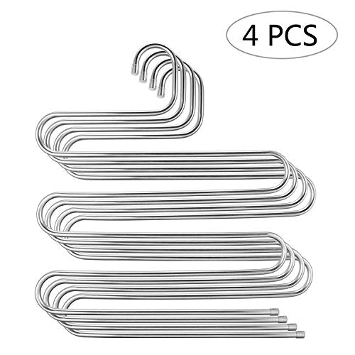 4 Pack S Type Hanger for Clothing & Closet Storage, Stainless Steel Pants Hangers with 5 Layers, Multi-Purpose Loveyal Limited Space Storage Rack for Trousers, Towels, Scarfs, Ties, Jeans (4)