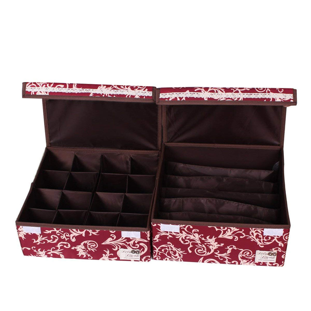 HOMESGU Foldable Washable Adjustable Storage Box Bra Underwear Socks Ties Closet Organizer Drawer Divider Kit with Dust-Proof lids 2 Pcs/Set (Set(Bra Box+16-Grid), Dot Blue)
