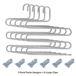 Selection hontop 5 pack s type multi purpose pants hangers rack stainless steel magic for hanging trousers jeans scarf tie clothes space saving storage rack 5 layers 5pcs 1