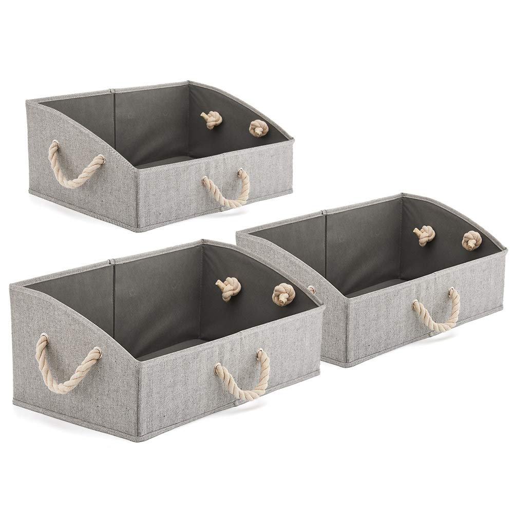 Set of 3 Large Storage Bins EZOWare Foldable Fabric Trapezoid Organizer Boxes with Cotton Rope Handle, Collapsible Basket for Shelves, Closet, Baby Toys, Diaper (Gray)