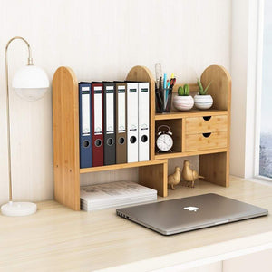 Latest tribesigns bamboo desktop bookshelf counter top bookcase adjustable with 2 drawers desk storage organizer display shelf rack for office supplies kitchen bathroom makeup natural