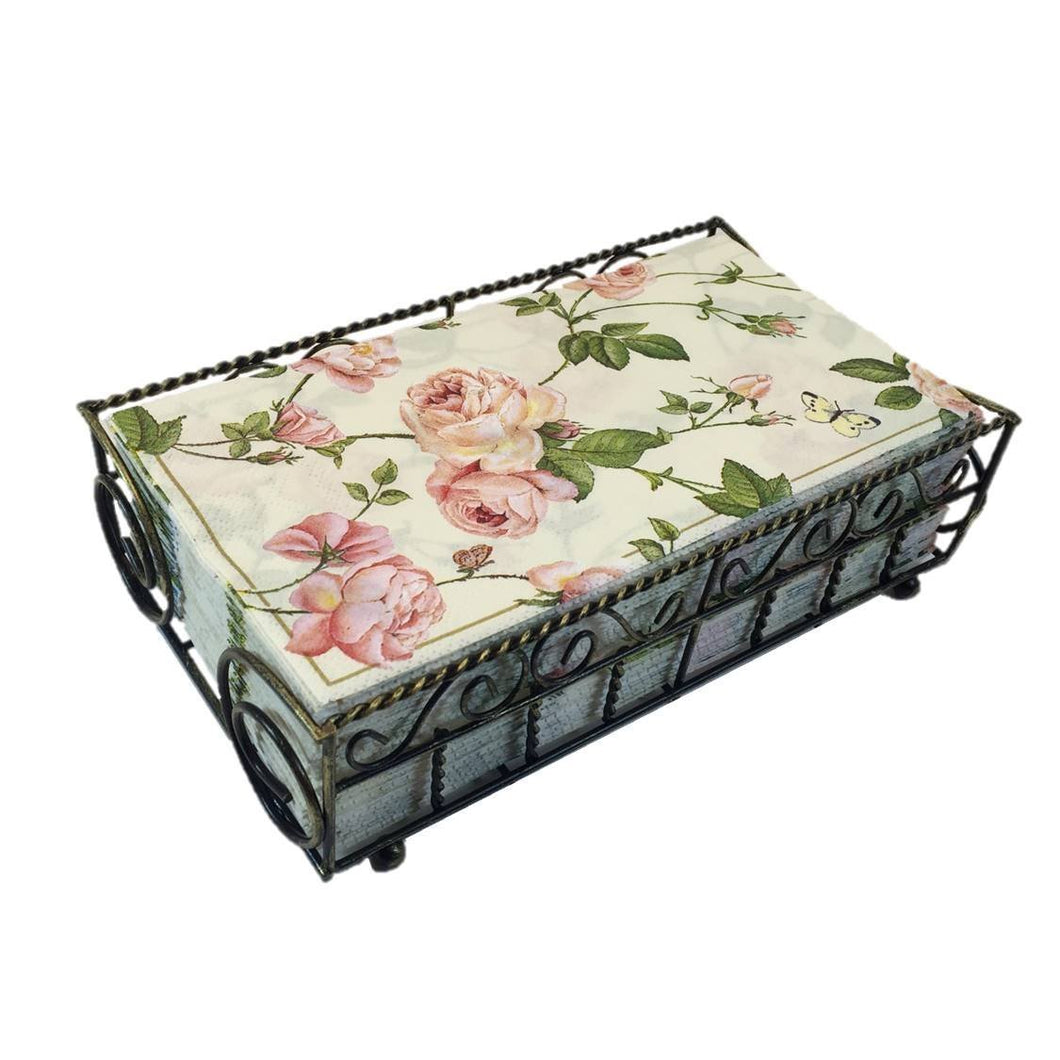 Garden Gate Antique Brass Guest Towel Caddy with 32 Count 3-Ply Paper Guest Towel Napkins, Rambling Rose