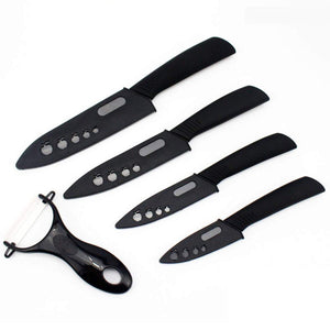 Ceramic Knife, Knife Set With Sheath - 6" Chef Knife, 5" Utility Knife, 4" Fruit Knife, 3" Paring Knife, One Peeler - Black Handle and Black Blade