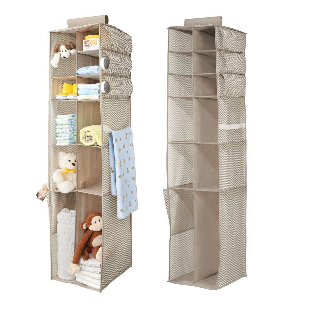 mDesign Long Soft Fabric Over Closet Rod Hanging Storage Organizer with 6 Divided Shelves, Side Pockets for Child/Kids Room or Nursery - Chevron Zig-Zag Print, 2 Pack - Taupe/Natural