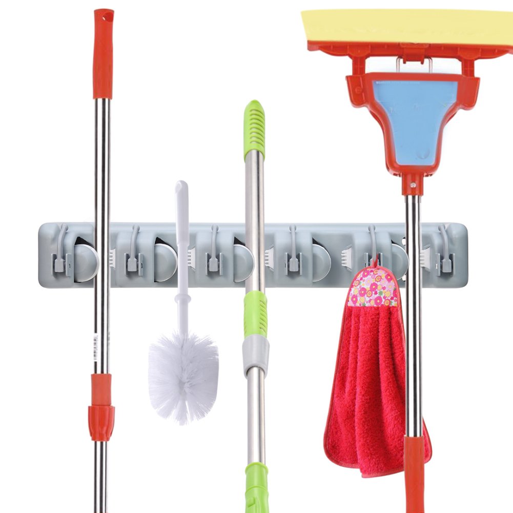 OuTera Broom and Mop Holder Organizer Wall Mounted 5 Position with 6 hooks Tool Storage Rack Utility Holder Home Organization Storage Solutions Kitchen Tool Organizer for Closet[1 Yera Warranty]