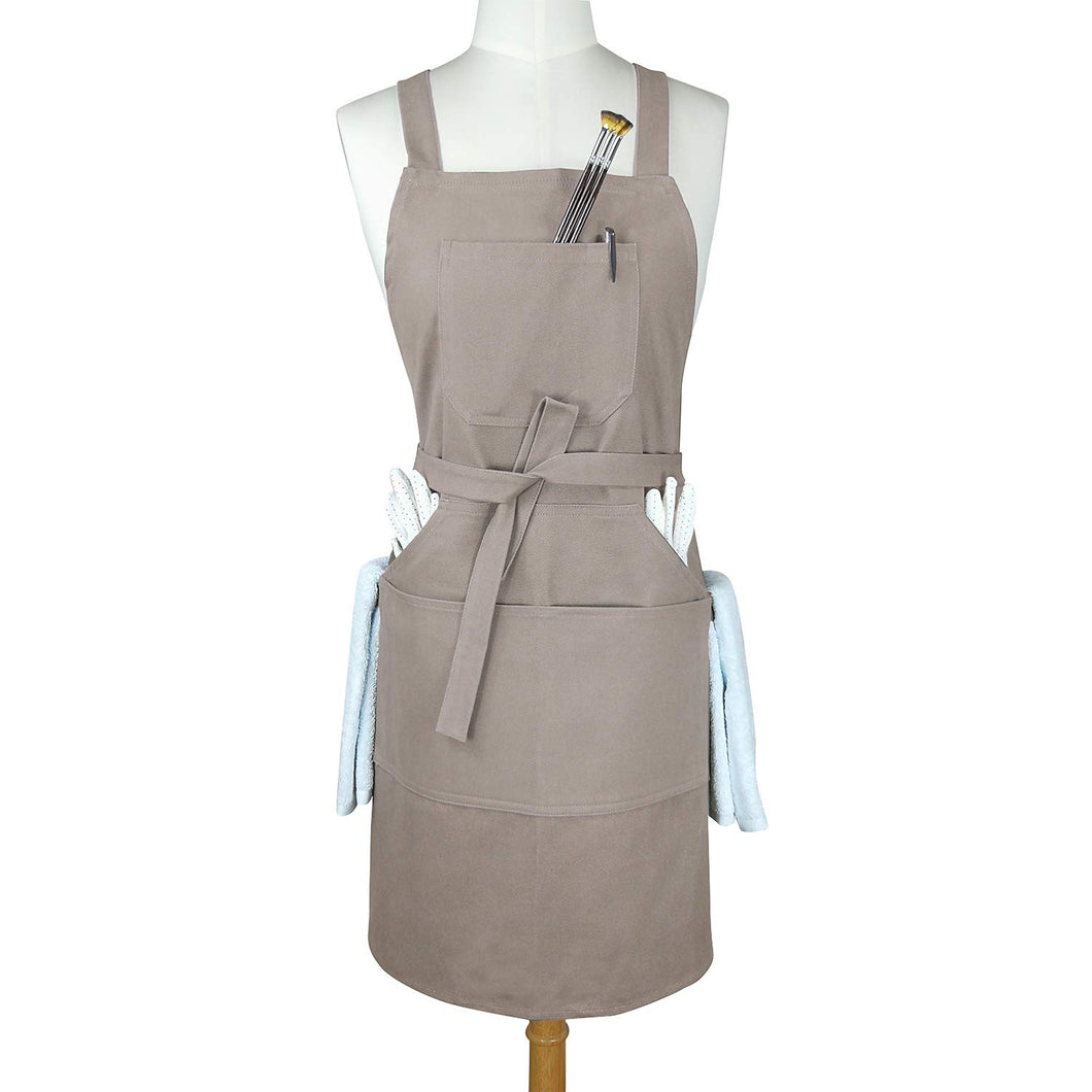 Sturdy Thick Cotton Canvas Professional Bib Kitchen Apron with Cross Back Straps + Fasten/Quick Release Buckle + 5 Pockets + 2 Towel Loops for Artist Cooking, Adjustable M to XXL, 27