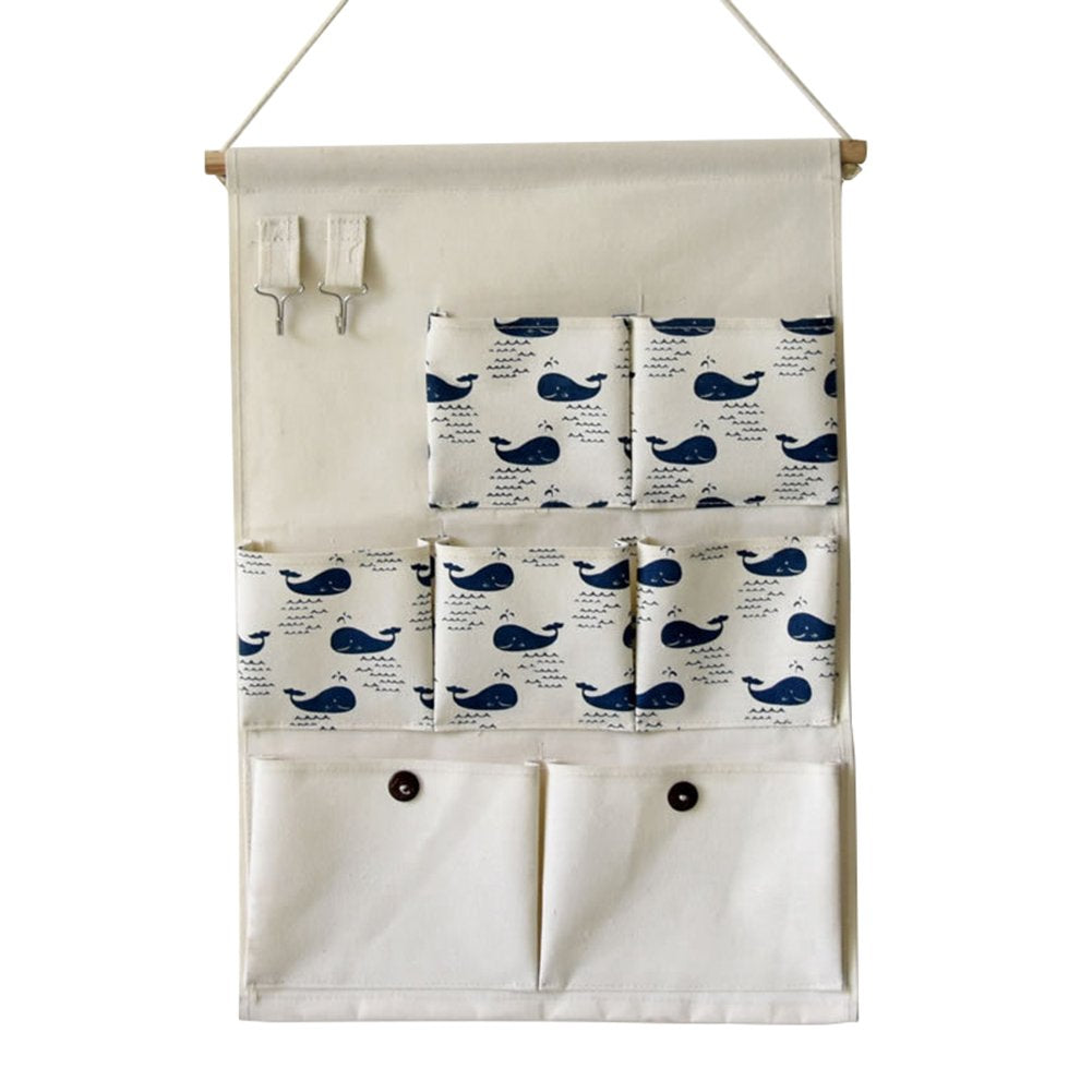 Xaber Kin 19.68'' x 13.78'' Wall Hanging Storage Bags Linen/Cotton Fabric Animal Closet Organizer(7 Pockets with 2 Hangers) (Whale)