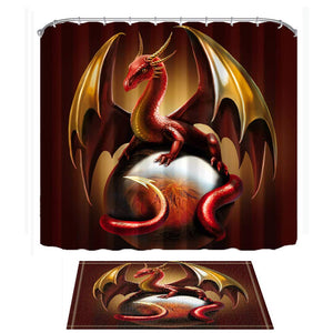 ChuaMi Dragon Ball Shower Curtain Set, Golden Wings Red Dragon Lying on Crystal Ball, Medieval Fantasy Design Bathroom Decor Polyester Fabric 69 x 70 Inches with Hooks and Anti-Slip 40 x 60cm Bath Mat
