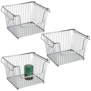 mDesign Modern Stackable Metal Storage Organizer Bin Basket with Handles, Open Front for Kitchen Cabinets, Pantry, Closets, Bedrooms, Bathrooms - Large, 3 Pack - Silver