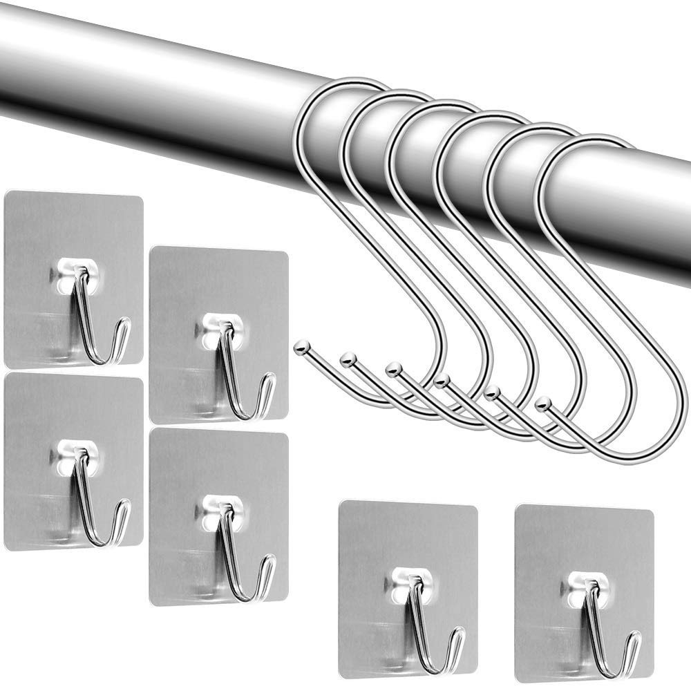 12 pcs S Shaped Polished Stainless Steel Metal Hanging Hooks and Stainless Steel Strong Adhesive Hooks, SourceTon Metal Hangers for Kitchen Closet Bathroom Bedroom Office -3.6
