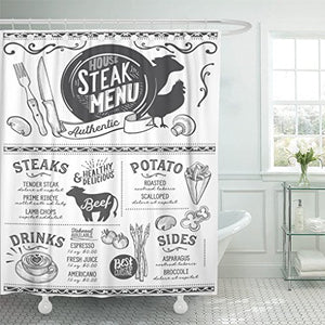 Emvency Shower Curtain BBQ Steak for Restaurant and Cafe Design with Food Graphic Illustrations Beef Shower Curtain 60 x 72 Inches Shower Curtain with Plastic Hooks