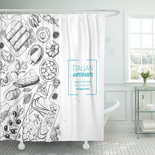 Emvency Shower Curtain Drawing Italian Food Top View of Antipasti Design Vintage Sketch Engraved Antipasto Shower Curtain 72 x 78 Inches Shower Curtain with Plastic Hooks