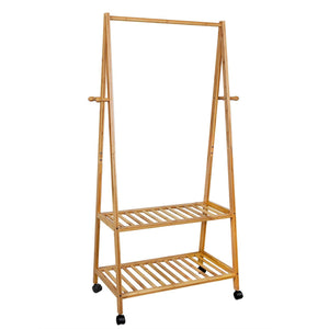 Select nice songmics rolling coat rack bamboo garment rack clothes hanging rail with 2 shelves 4 hooks for shoes hats and scarves in the hallway living room guest room