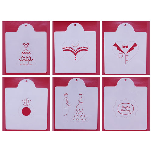 Wedding Cookie Stencil Set - Set of 6 - Bridegroom, Bride, Bouquet Flower, Diamond Ring, Plaque Frame, Wedding Cake and Heart - White /semi-transparent
