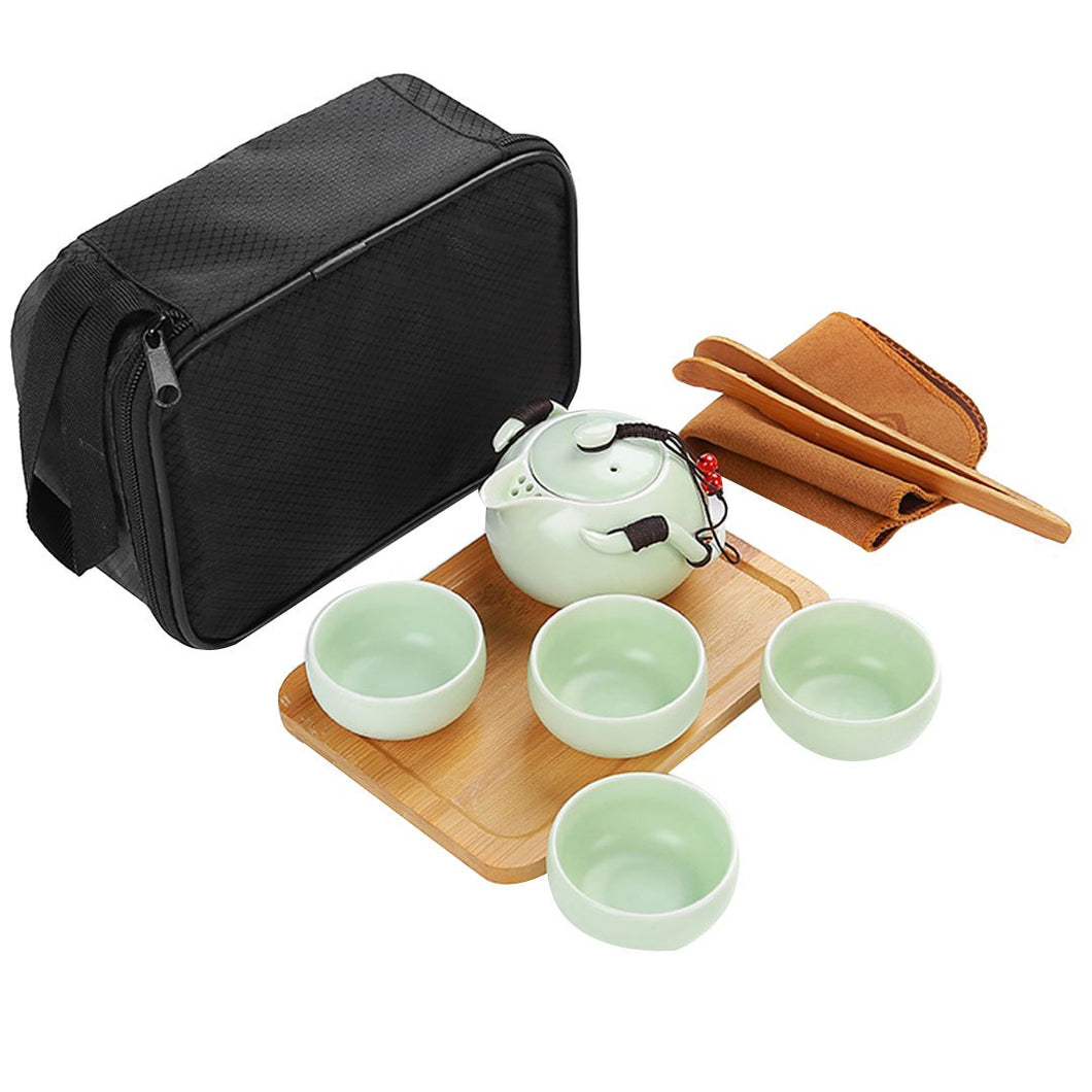 Felice 8 Pcs Portable Travel Tea Set Classic Chinese/Japanese Kungfu Tea Sets Ceramic Porcelain Teapot & 4 Teacups & Bamboo Tea Tray & Tea Mat &Tea Clip & Storage Bag
