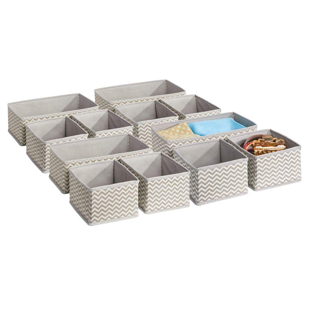 mDesign Soft Fabric Dresser Drawer and Closet Storage Organizer for Kids/Toddler Room, Nursery, Playroom, Bedroom - Chevron Zig-Zag Print - Organizing Bins in 2 Sizes - Set of 12 - Taupe/Natural