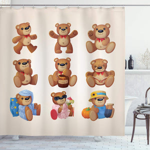 Ambesonne Cartoon Shower Curtain, Happy Toy Teddy Bears with Funny Different Faces Nostalgic Kids Design, Cloth Fabric Bathroom Decor Set with Hooks, 70" Long, Chocolate Cream